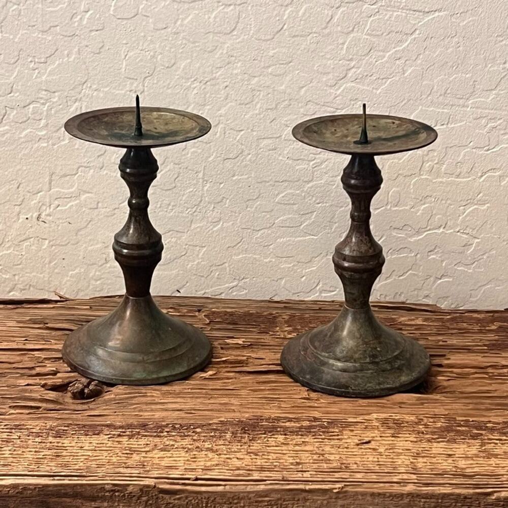 Vintage Brass Pillar Candle Holders Set of 2 Turned Stem Design